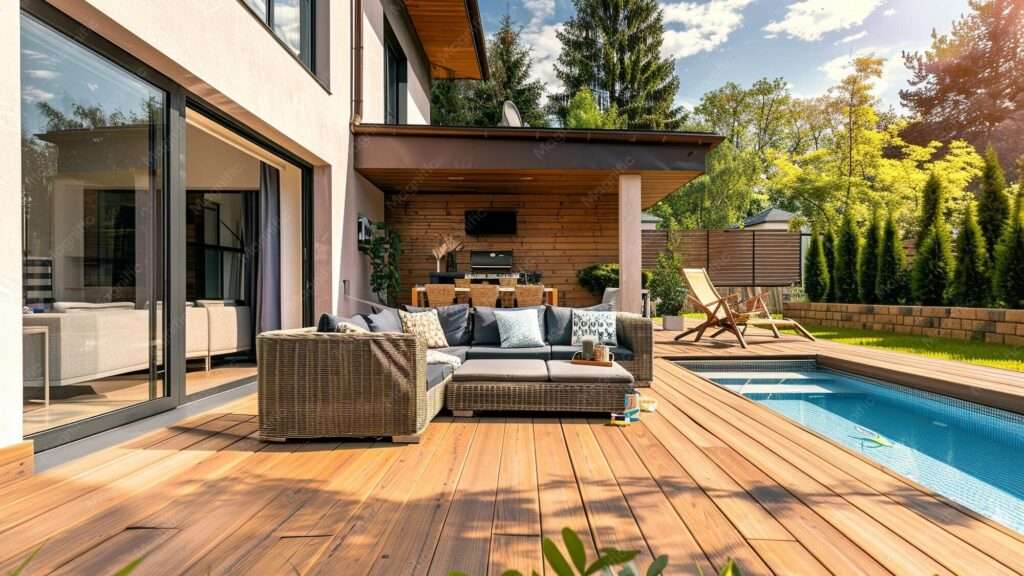 découvrez notre piscine élégante accompagnée d'une terrasse en bois chaleureuse, parfaite pour vos moments de détente en extérieur.
